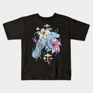 Manatee Explores Floral Lagoon - Rustic Flower Design Kids T-Shirt